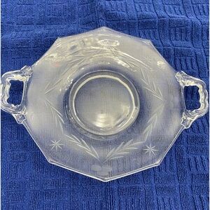 EUC VINTAGE CLEAR ETCHED DEPRESSION LIKE GLASS OCTAGONAL SHAPE WITH HANDLES